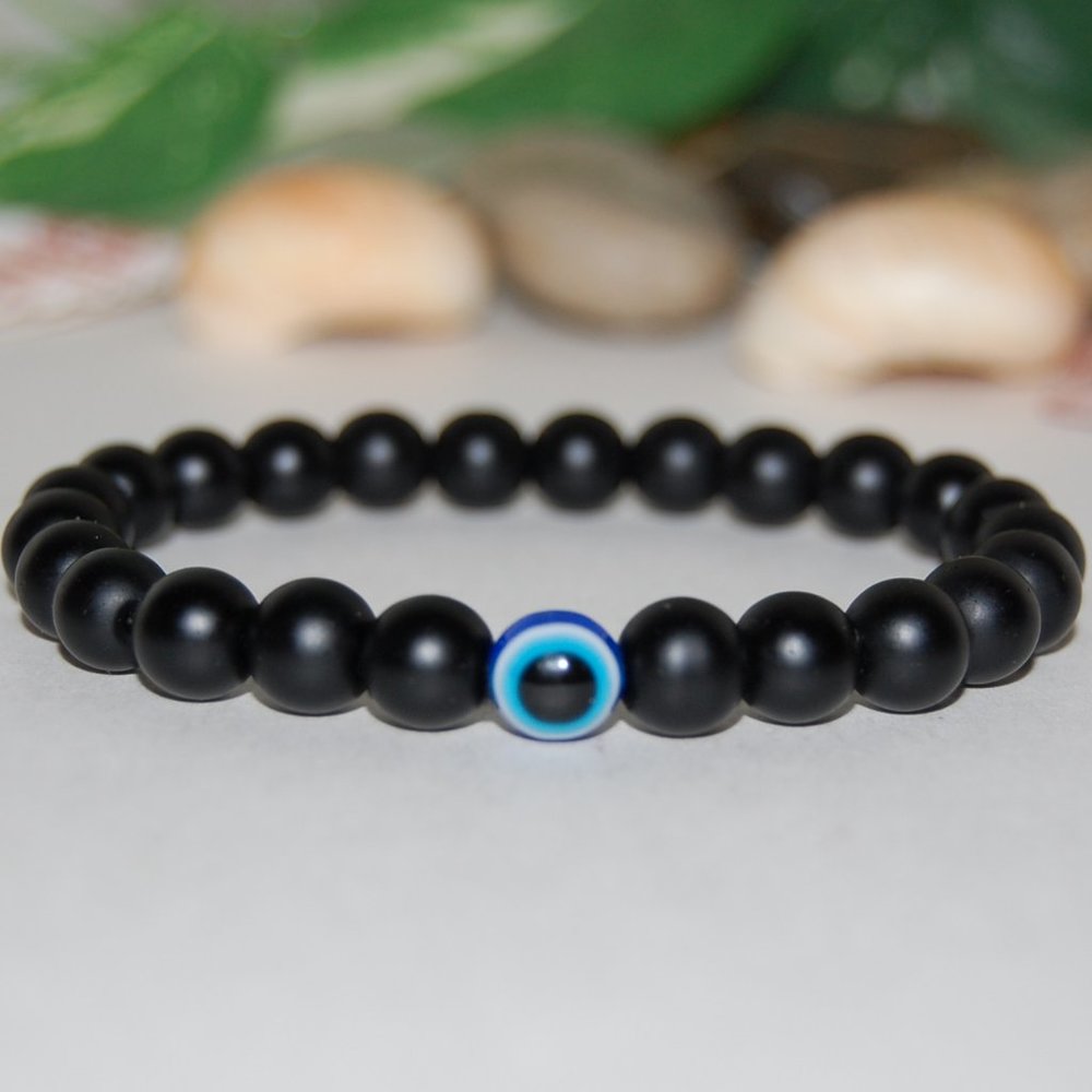 Onyx Bracelet,Evil Eye Bracelet,8mm Onyx Beads,Stretch Bracelet,Boho,Man,Woman